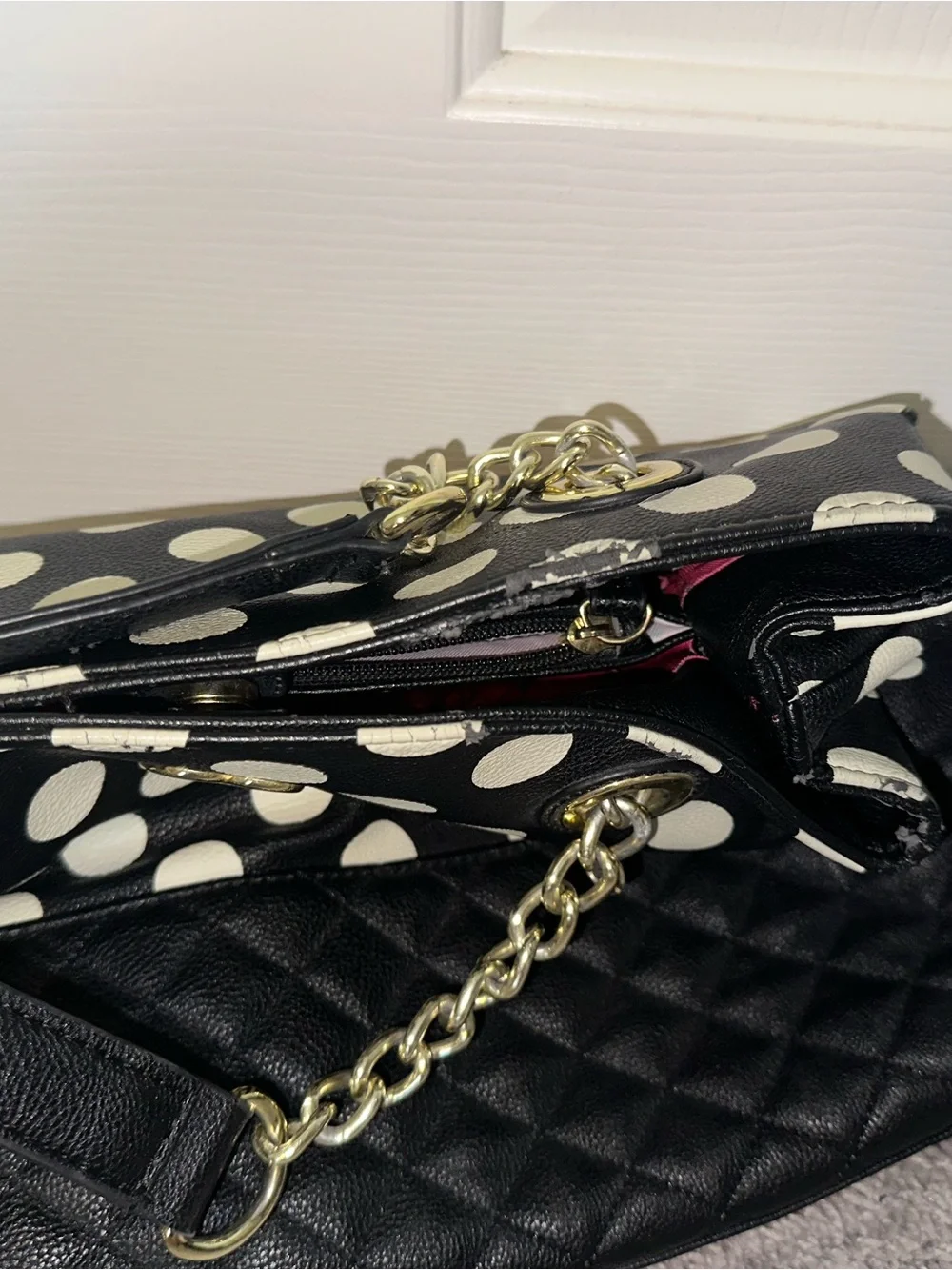 Betsey Johnson Black & White Polka Dot Quilted Tote with Gold Chain Handles